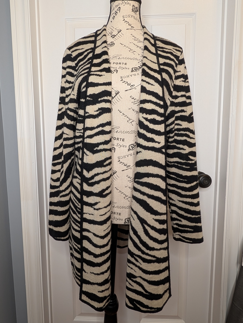 Jones Studio Black Cream Zebra-Print Open Cardigan Wool Blend Long Size XL
